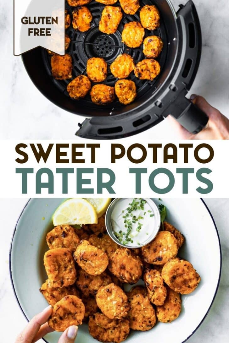 Two photos of Cauliflower Sweet Potato Tots with a text overlay for pinterest.
