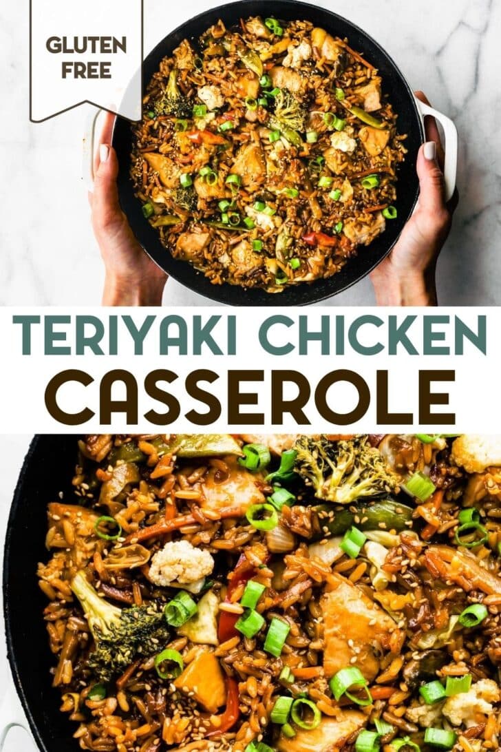Two photos of gluten-free chicken teriyaki casserole with a text overlay for pinterest.