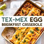 Overhead view of Tex-Mex Egg and Cauliflower Casserole in a baking dish, cut into equal squares, one piece removed in bottom corner with a text overlay for pinterest.