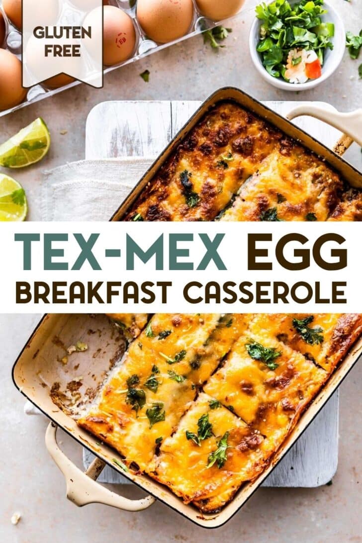 Overhead view of Tex-Mex Egg and Cauliflower Casserole in a baking dish, cut into equal squares, one piece removed in bottom corner with a text overlay for pinterest.