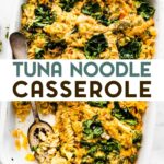 An overhead photo of a white casserole dish of gluten-free tuna noodle casserole with a text overlay for pinterst.