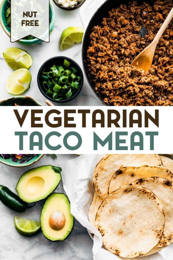 A photo of Vegetarian Taco Meat, tortillas, and bowls of taco toppings with a text overlay for pinterest.