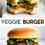 Two photos of vegan veggie burgers with a text overlay for pinterst.