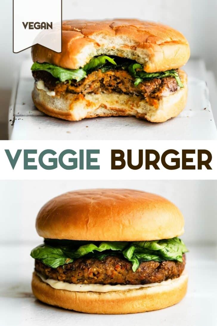 Two photos of vegan veggie burgers with a text overlay for pinterst.