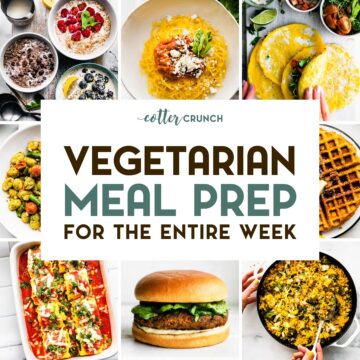 A grid of 8 vegetarian recipe photos with a text overlay.