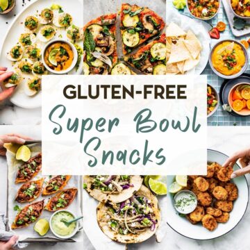A photo grid of 6 gluten-free super bowl snacks with a text overlay