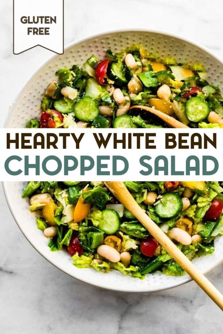 A photo of a large serving bowl of romaine chopped salad with white beans with a text overlay for pinterest.