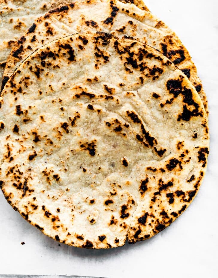 Three cooked almond flour tortillas.