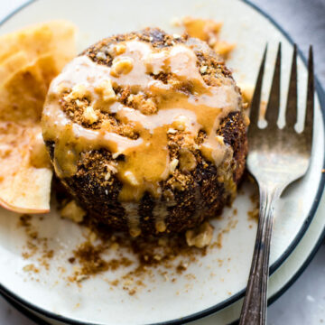 apple pie peanut butter mug cake on a plate