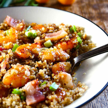A super EASY and flavorful apricot and bacon glazed shrimp recipe that your whole family will love! It's gluten free, healthy, and packed with protein.