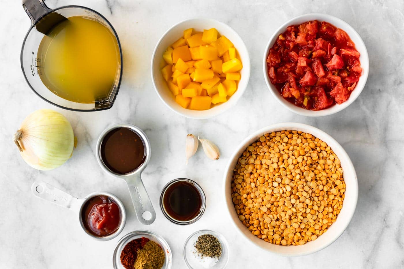 Overhead photo of ingredients for vegan bbq lentil chili.