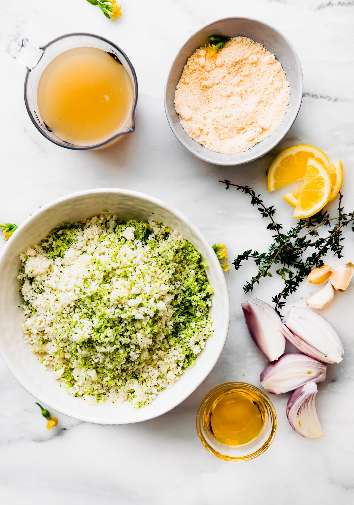 ingredients in bowls for a healthy cauliflower and broccoli casserole