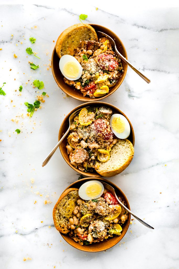 QUICK SAUSAGE CASSOULET WITH GLUTEN FREE ENGLISH MUFFIN BREADCRUMBS! Super easy one-pot meal! It's great for meal prep, a hearty breakfast, or a wholesome dinner!