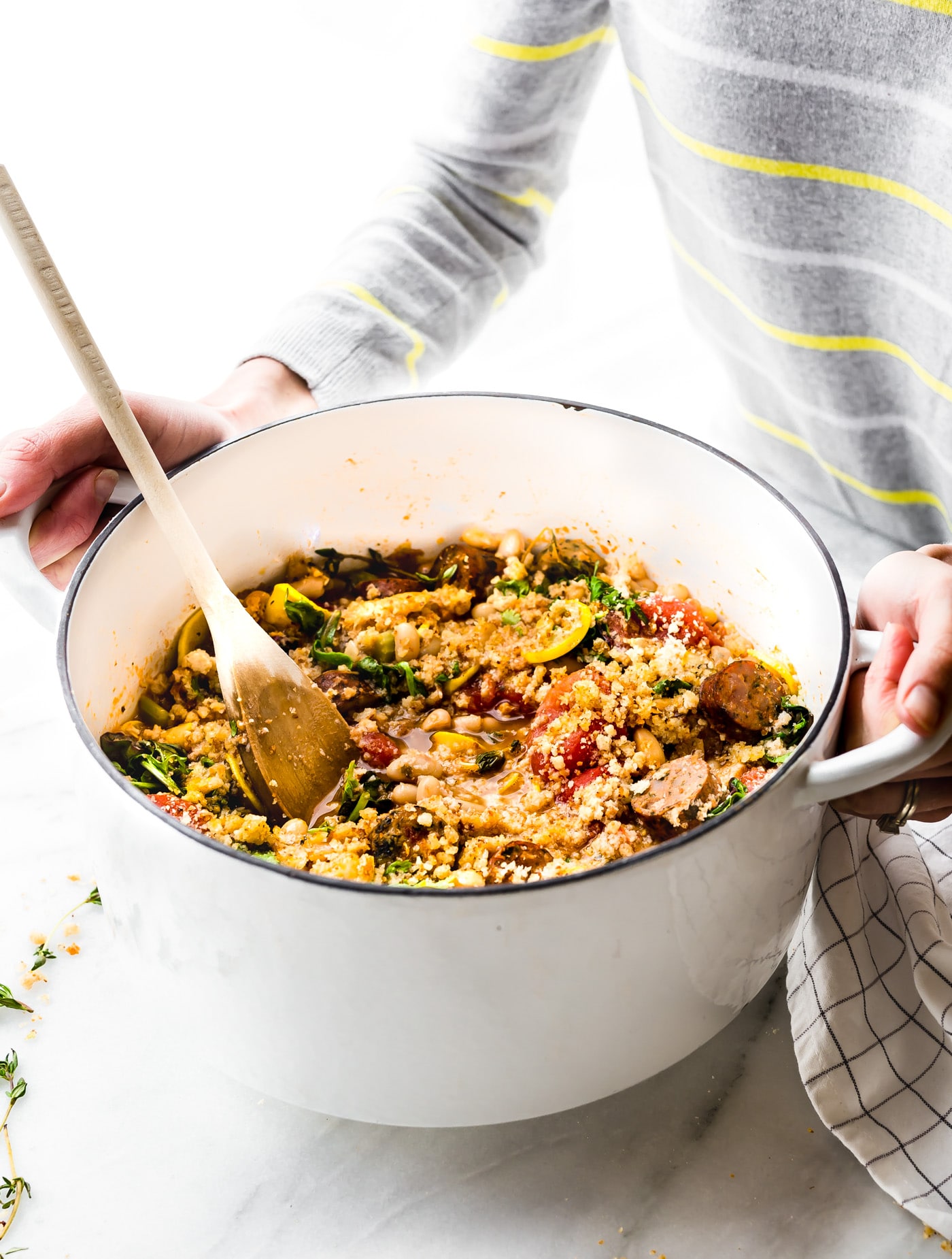 QUICK SAUSAGE CASSOULET WITH GLUTEN FREE ENGLISH MUFFIN BREADCRUMBS! Super easy one-pot meal! It's great for meal prep, a hearty breakfast, or a wholesome dinner!