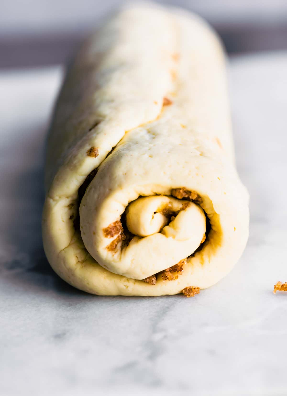 gluten free cinnamon roll dough rolled into a log shape, ready for slicing