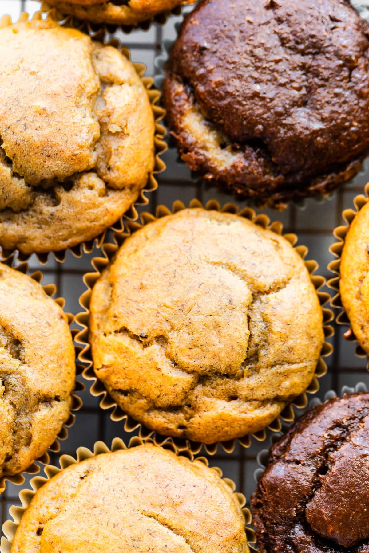 Up close shot of healthy peanut butter banana muffins and gluten free chocolate muffins.