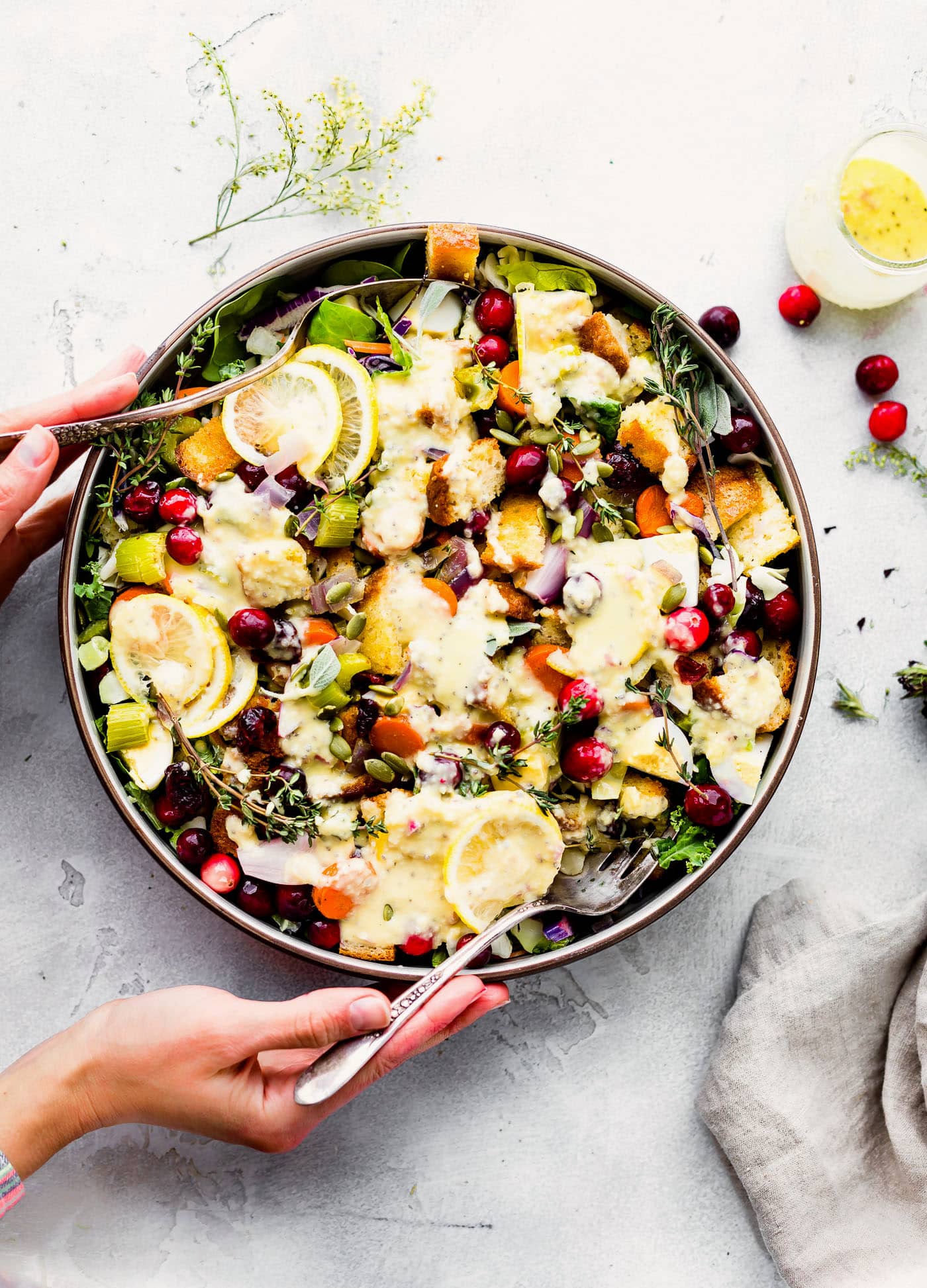 Overhead view stuffing salad with cranberries in serving bowl drizzled with sweet onion dressing.