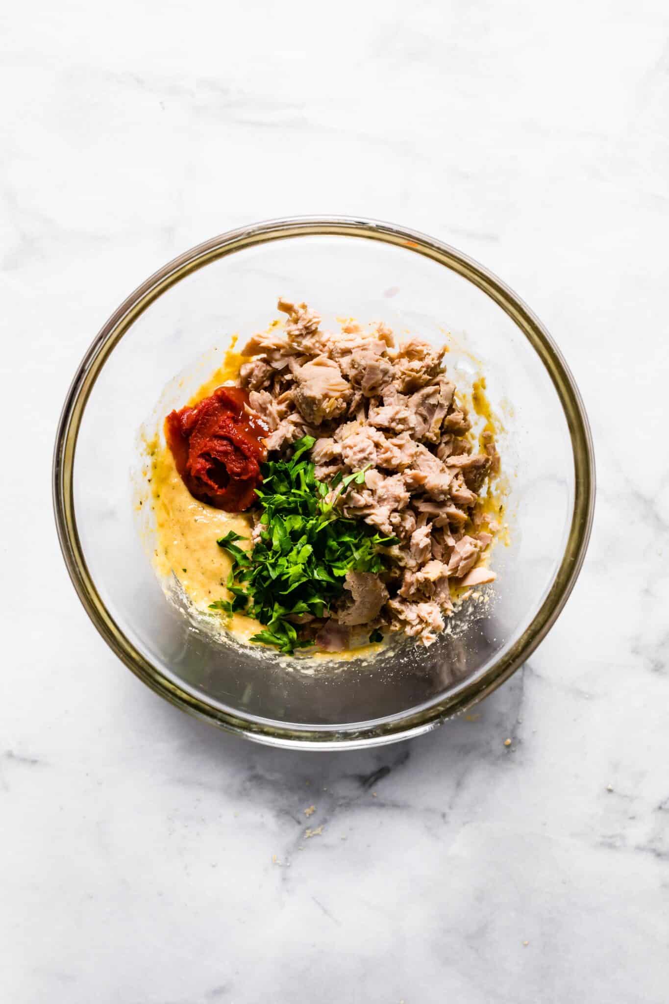 Bowl of tuna patty mix before being shaped and baked.