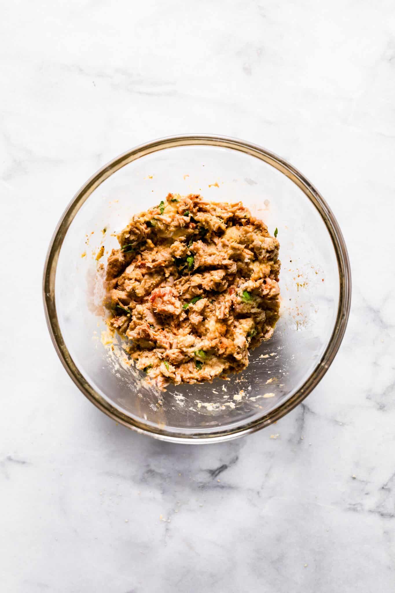 bowl of tuna patty mix before being shaped and baked