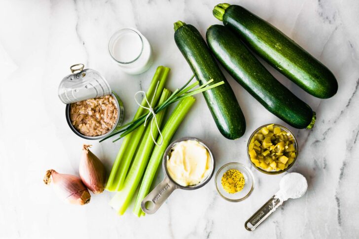 Ingredients to make tuna casserole with zucchini noodles