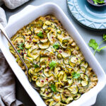 keto tuna casserole with zucchini noodles in white casserole dish