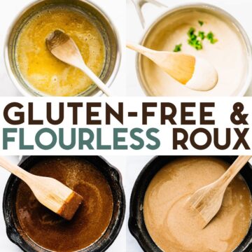 A grid of 4 photos of different cooking stages of gluten-free roux being made in a sauce pan.