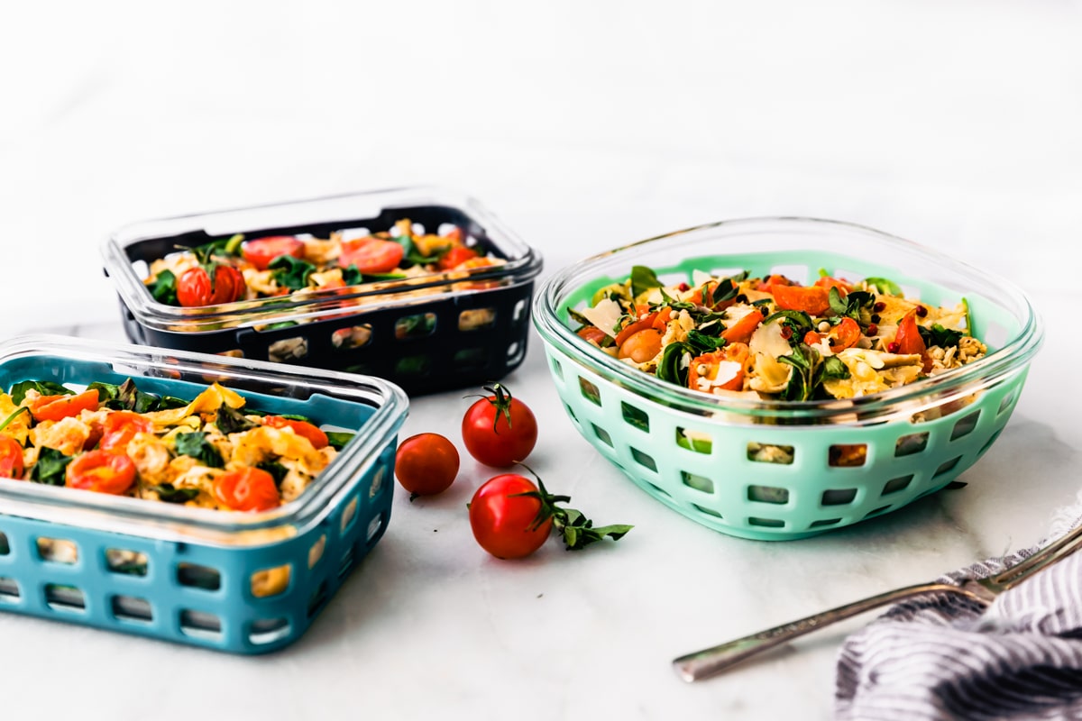 3 Ello meal prep containers with Italian chicken casserole