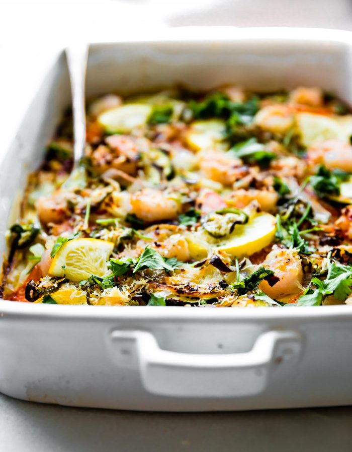 low carb jalapeno shrimp and veggie bake shown in a casserole dish