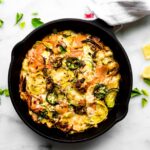 jalapeno shrimp veggie bake in a cast iron skillet