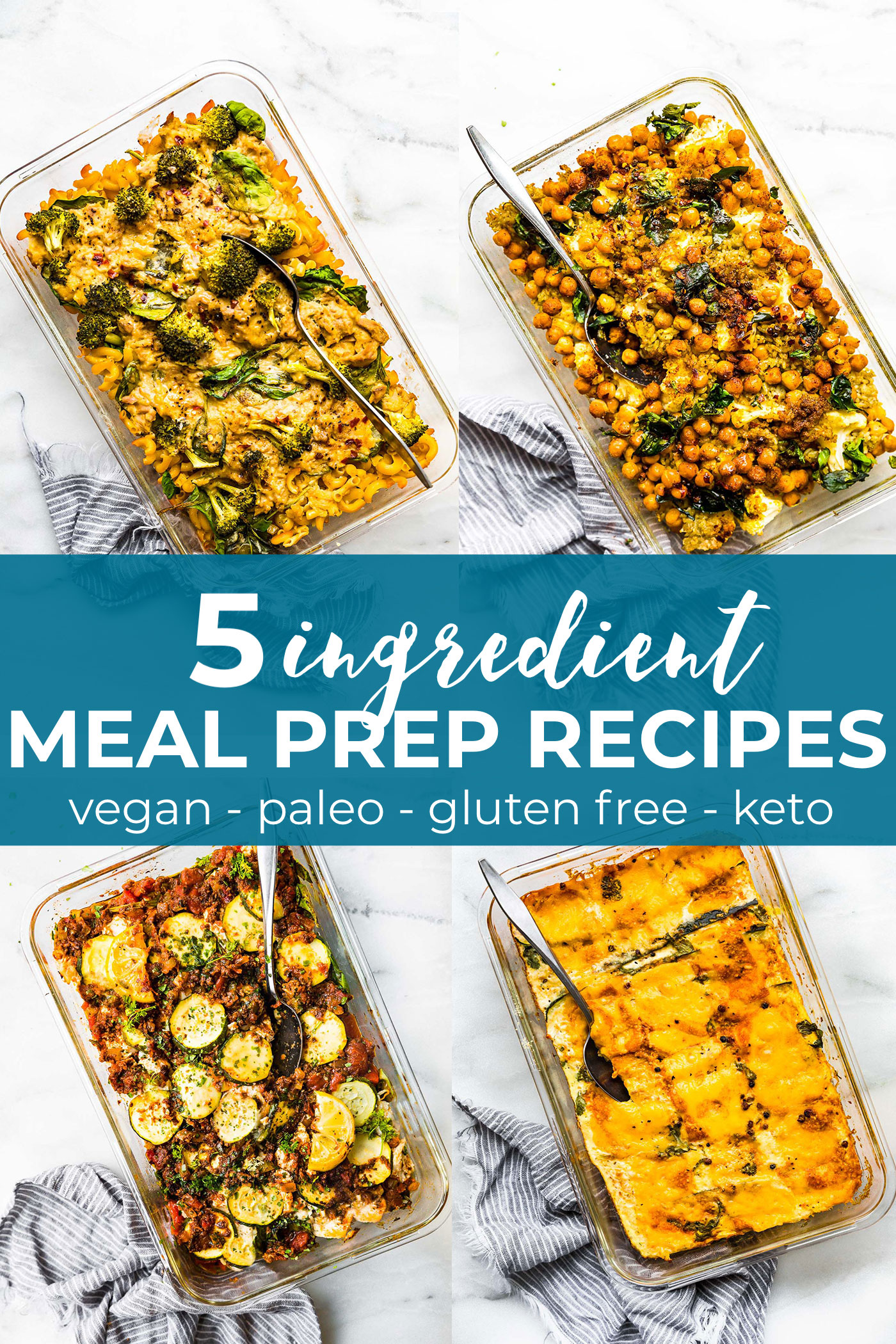 Collage of images; four glass containers filled with 5-ingredient casseroles.