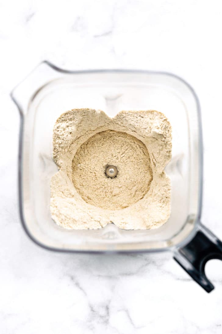 overhead shot of oat flour in blender