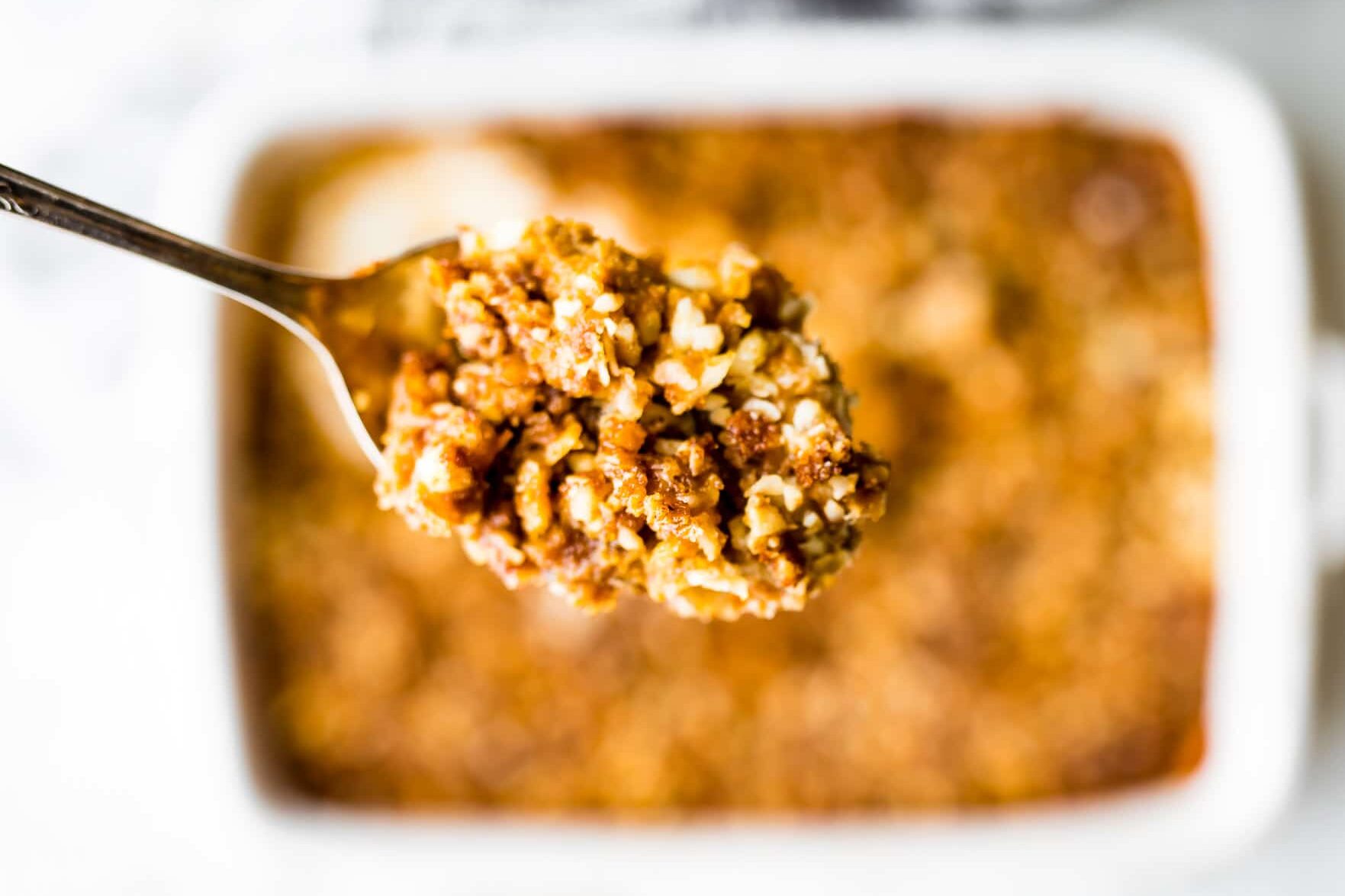 Up close image of a spoonful of vegan sweet potato casserole