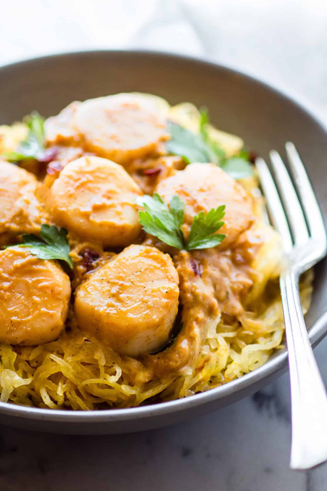 Spaghetti Squash Pasta with pumpkin sauce and scallops