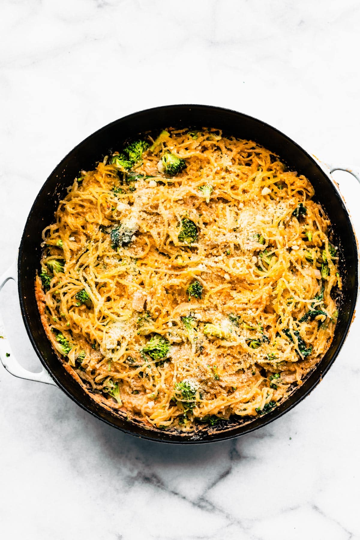 Overhead photo of uncooked spaghetti squash casserole.