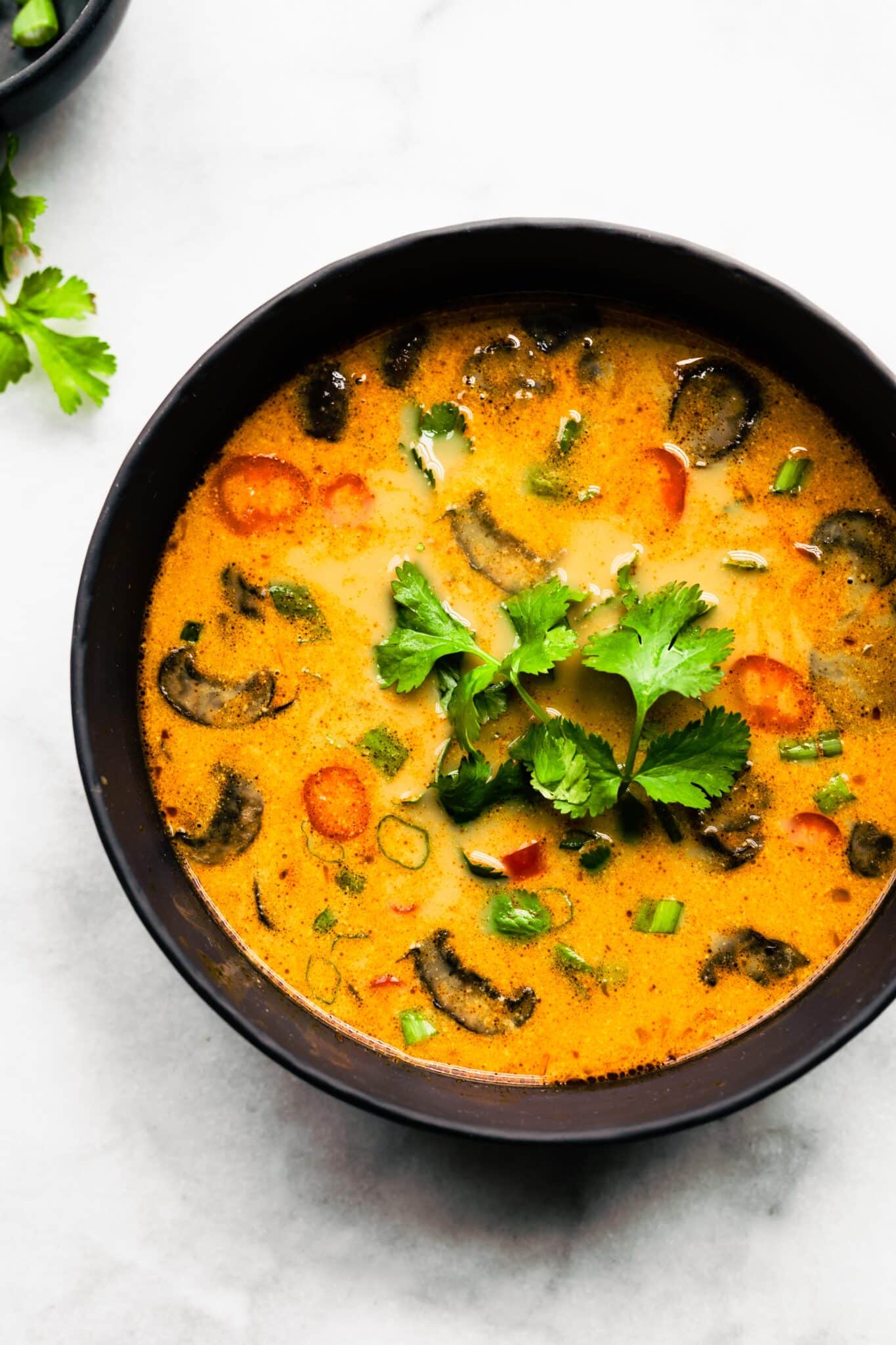 Easy Thai Coconut Soup in a black bowl topped with cilantro.