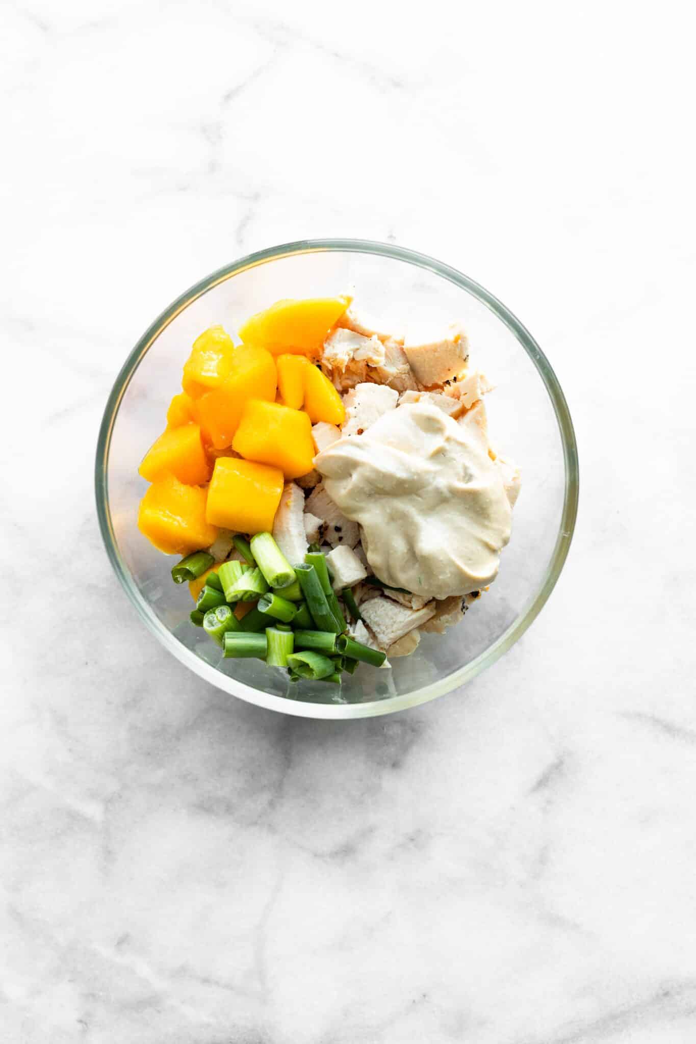 Overhead photo of diced mango, green onion, chicken breast and yogurt in a bowl.