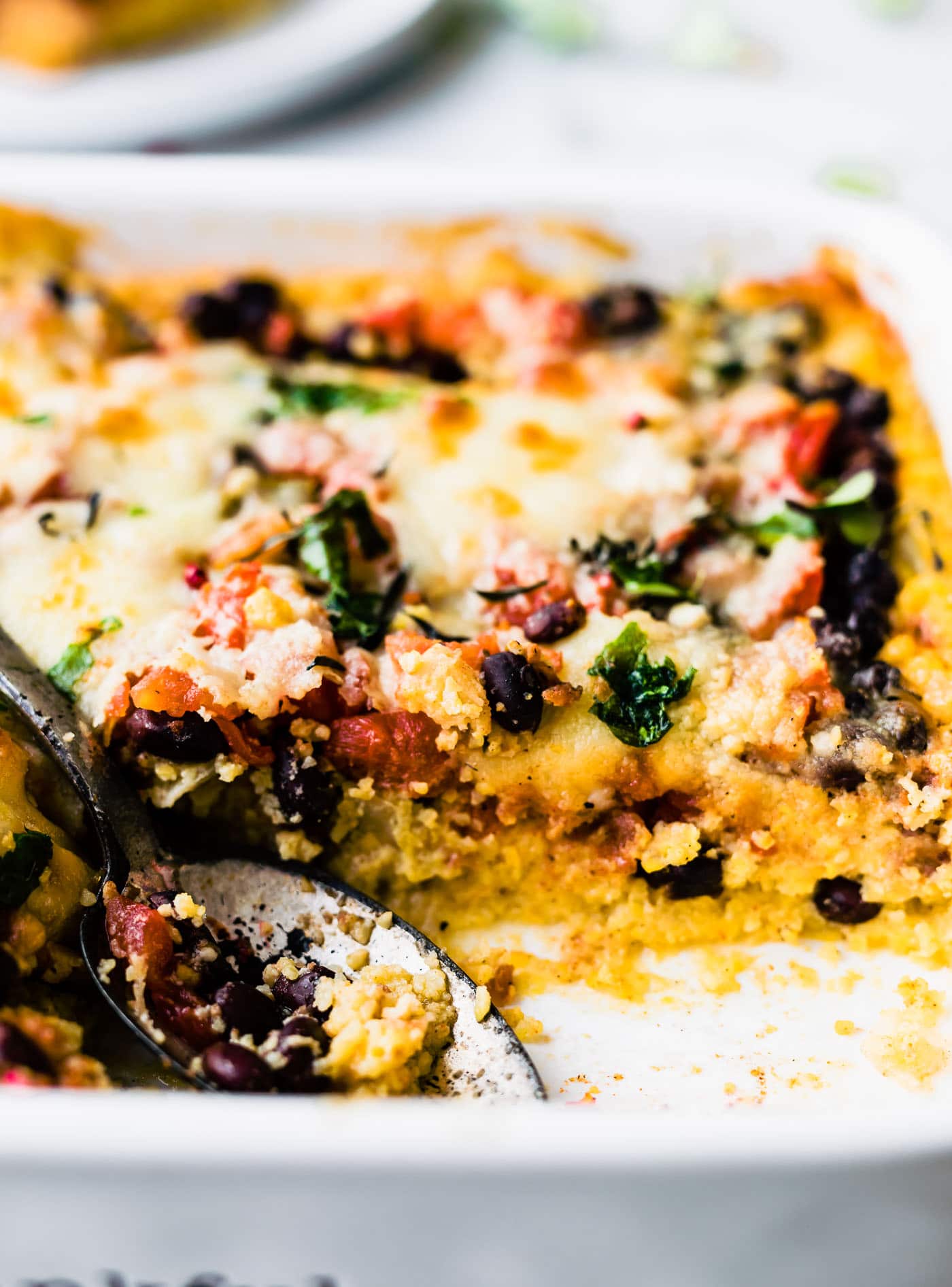 side view of a black bean polenta casserole