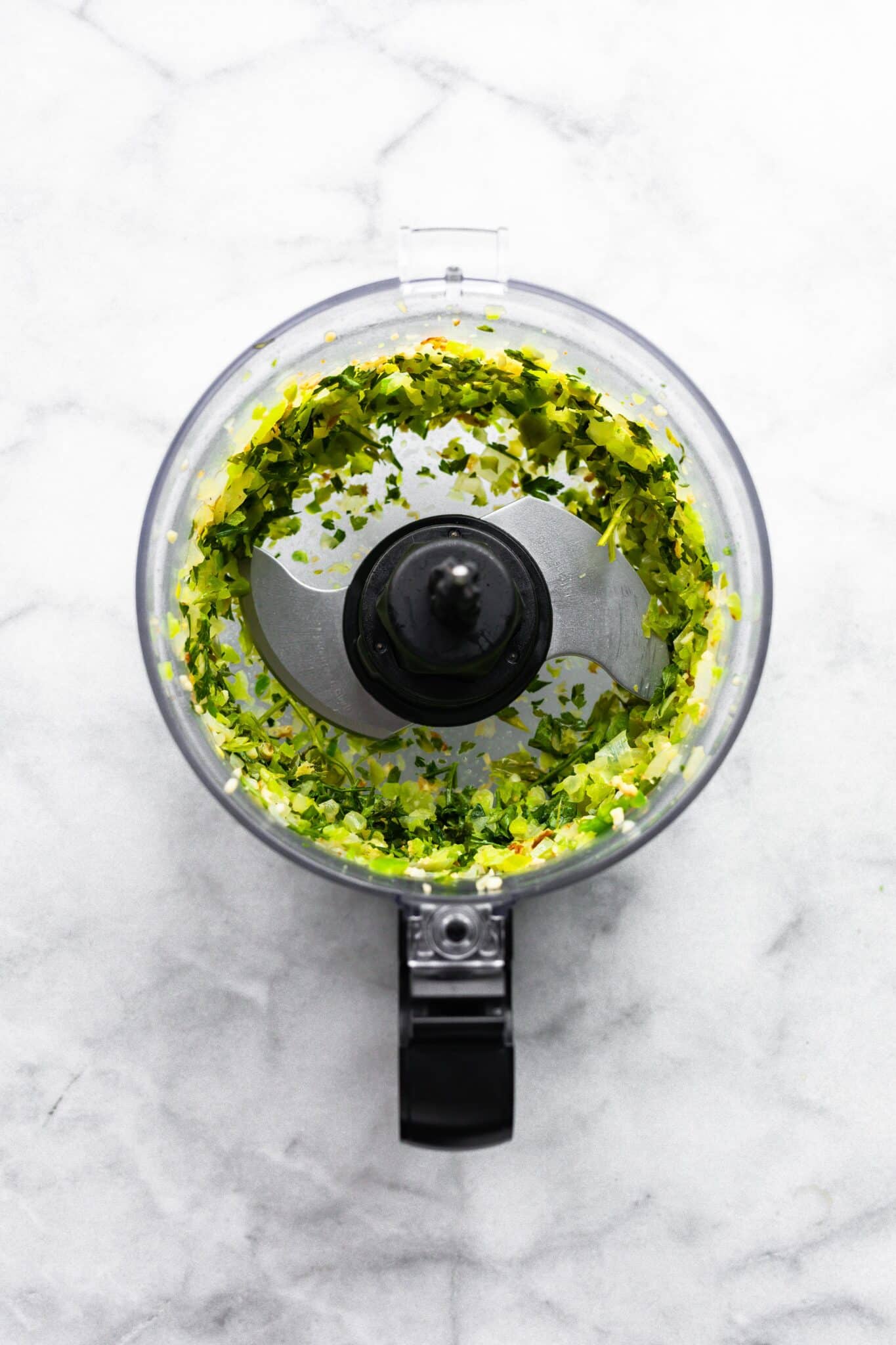 Overhead photo of cilantro, jalapeno and onion in a food processor.