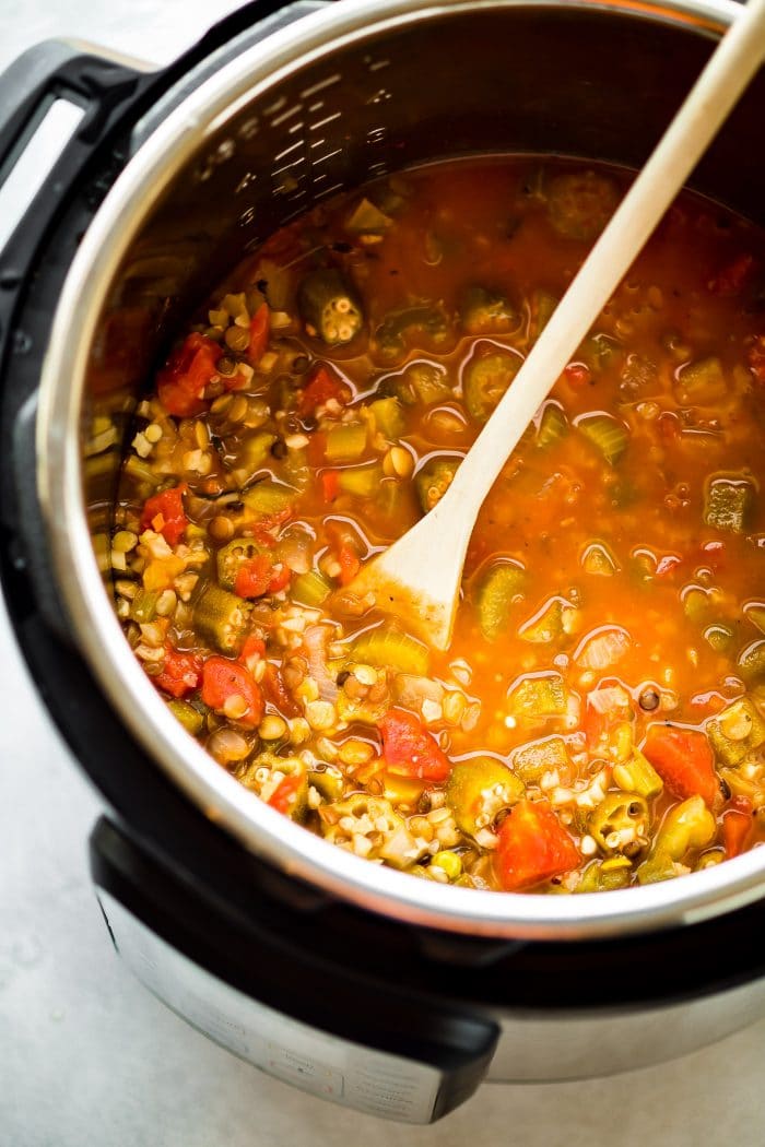 Overhead shot of Gumbo before roux is added in.