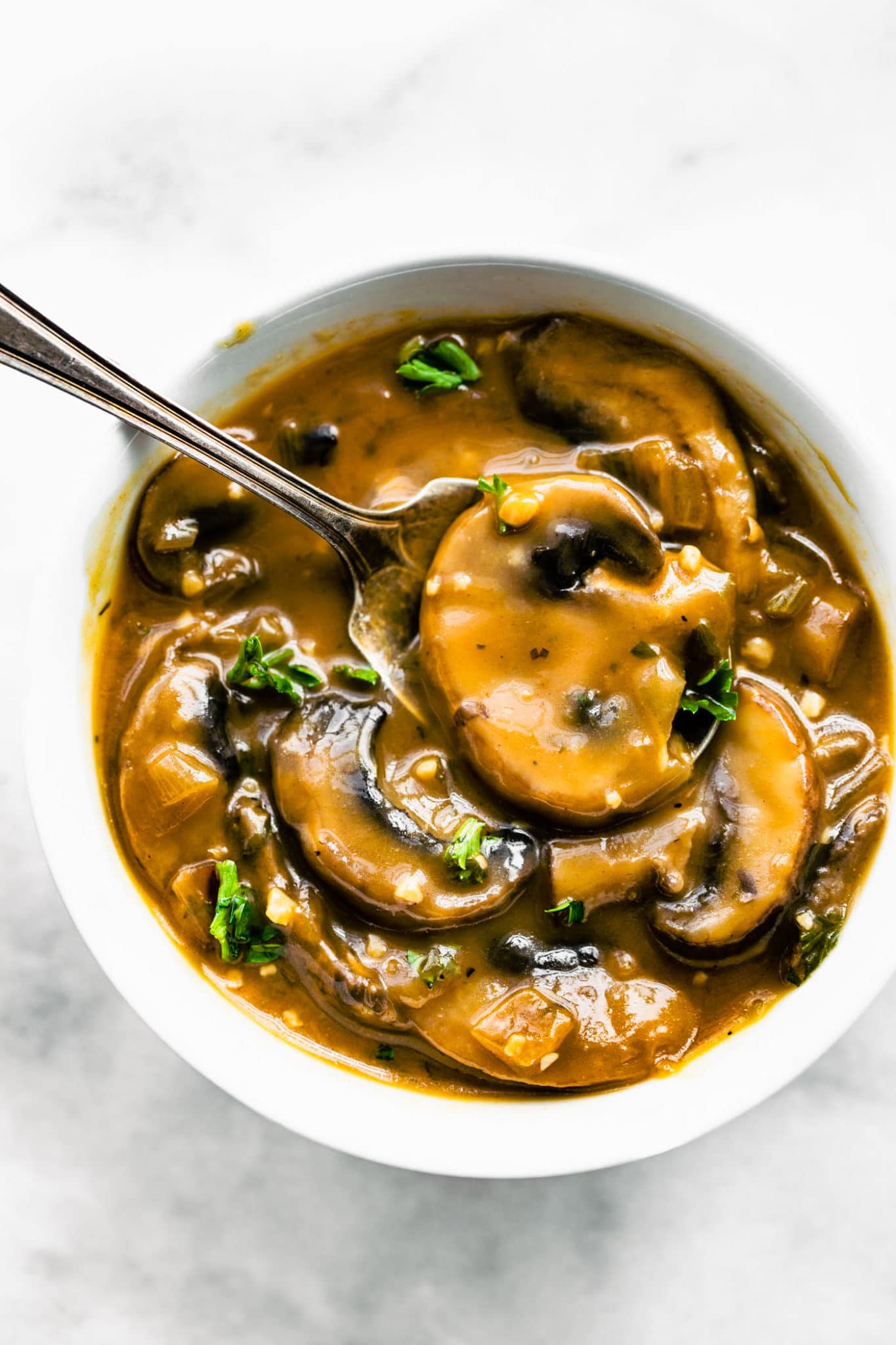 overhead shot of vegan mushroom gravy