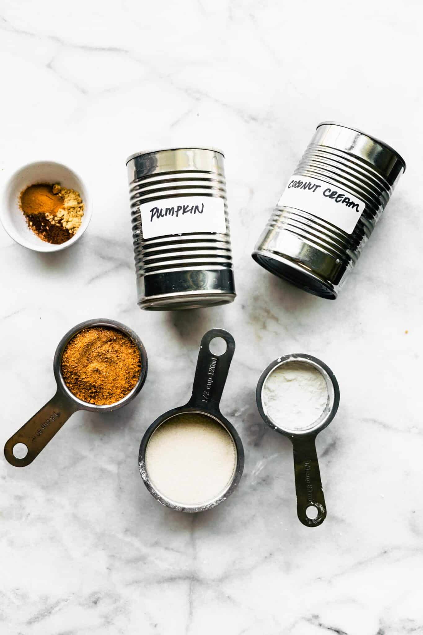 Overhead photo of ingredients for pumpkin pie filling.