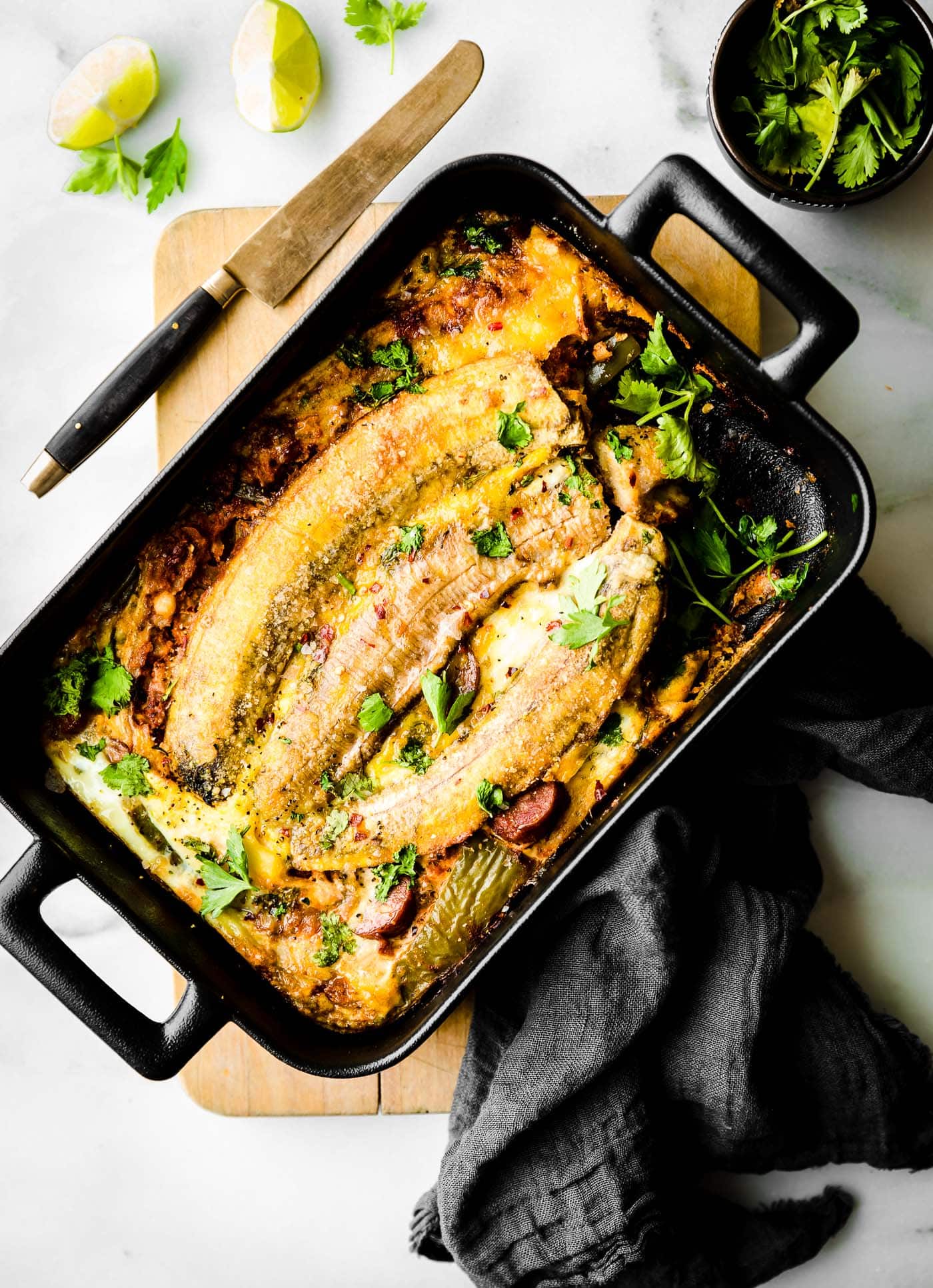 Overhead view Paleo breakfast lasagna topped with plantains.